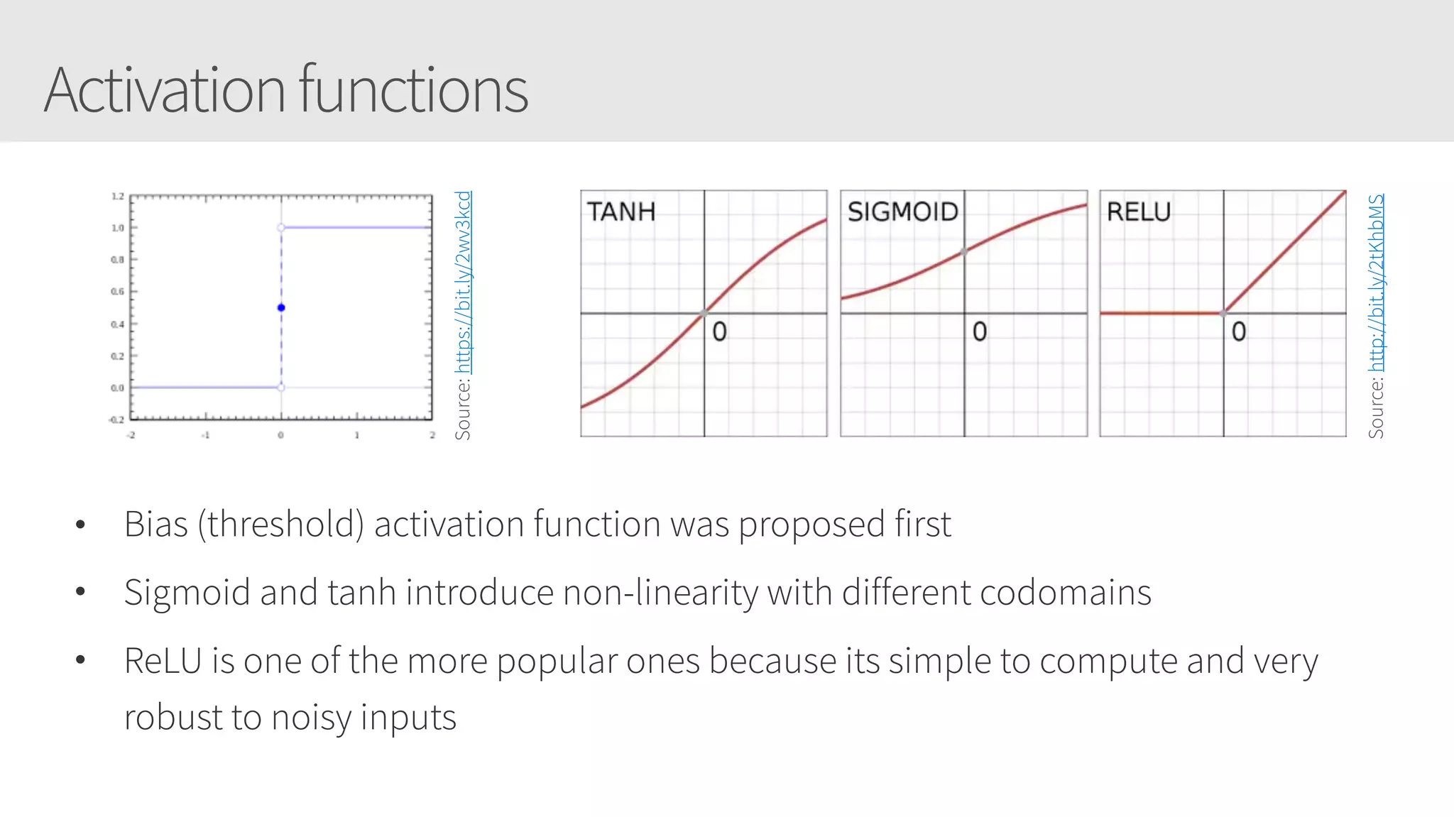 Activationfunctions
• Bias (threshold) activation function was proposed first
• Sigmoid and tanh introduce non-linearity with different codomains
• ReLU is one of the more popular ones because its simple to compute and very
robust to noisy inputs
Source:http://bit.ly/2tKhbMS
Source:https://bit.ly/2wv3kcd
 