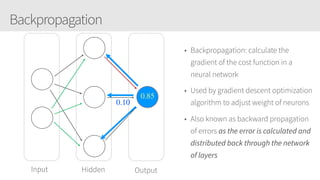 Backpropagation
Input Hidden Output
0.85
• Backpropagation: calculate the
gradient of the cost function in a
neural network
• Used by gradient descent optimization
algorithm to adjust weight of neurons
• Also known as backward propagation
of errors as the error is calculated and
distributed back through the network
of layers
0.10
 
