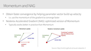 MomentumandNAG
• Obtain faster convergence by helping parameter vector build up velocity
• i.e. use the momentum of the gradient to converge faster
• Nesterov Accelerated Gradient (NAG): optimized version of Momentum
• Typically works better in practice than Momentum
Source: http://cs231n.github.io/neural-networks-3
 