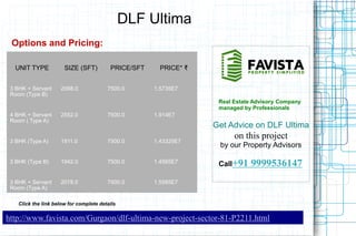 DLF Ultima
Options and Pricing:

Original Bookings
UNIT TYPE
3 BHK + Servant
Room (Type B)

SIZE (SFT)
2098.0

PRICE/SFT
7500.0

PRICE* ₹
1.5735E7
Real Estate Advisory Company
managed by Professionals

4 BHK + Servant
Room ( Type A)

2552.0

7500.0

1.914E7

3 BHK (Type A)

1911.0

7500.0

1.43325E7

3 BHK (Type B)

1942.0

7500.0

1.4565E7

3 BHK + Servant
Room (Type A)

2078.0

7500.0

1.5585E7

Get Advice on DLF Ultima

on this project
by our Property Advisors
Call+91

9999536147

Click the link below for complete details

http://www.favista.com/Gurgaon/dlf-ultima-new-project-sector-81-P2211.html

 