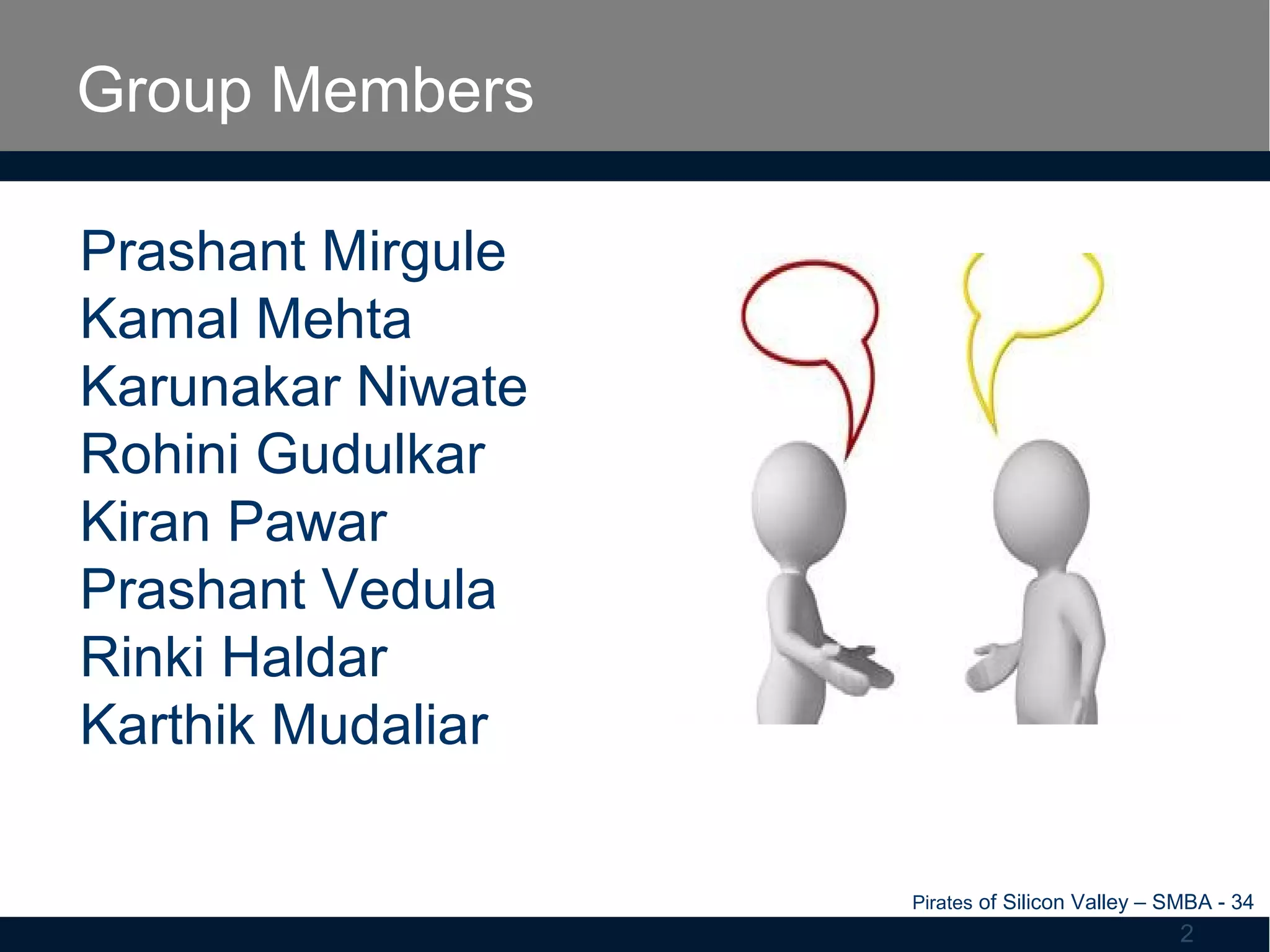 Group Members
Pirates of Silicon Valley – SMBA - 34
2
Prashant Mirgule
Kamal Mehta
Karunakar Niwate
Rohini Gudulkar
Kiran Pawar
Prashant Vedula
Rinki Haldar
Karthik Mudaliar