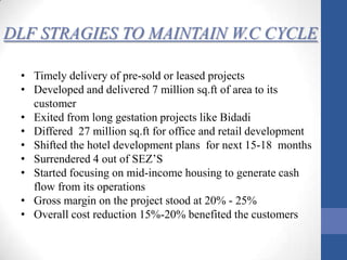 DLF STRAGIES TO MAINTAIN W.C CYCLE
• Timely delivery of pre-sold or leased projects
• Developed and delivered 7 million sq.ft of area to its
customer
• Exited from long gestation projects like Bidadi
• Differed 27 million sq.ft for office and retail development
• Shifted the hotel development plans for next 15-18 months
• Surrendered 4 out of SEZ’S
• Started focusing on mid-income housing to generate cash
flow from its operations
• Gross margin on the project stood at 20% - 25%
• Overall cost reduction 15%-20% benefited the customers

 