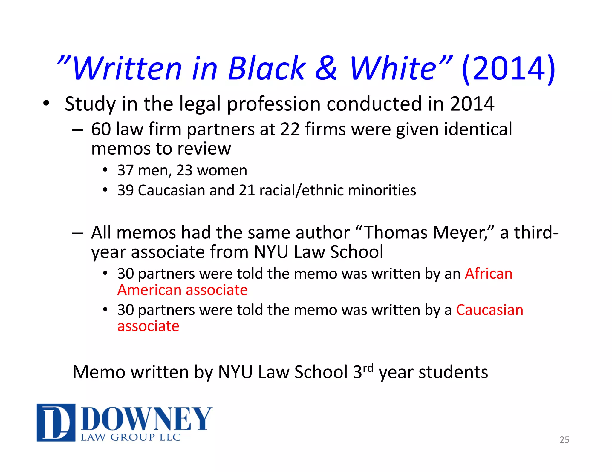 ”Written in Black & White” (2014)
• Study in the legal profession conducted in 2014
– 60 law firm partners at 22 firms were given identical
memos to review
• 37 men, 23 women
• 39 Caucasian and 21 racial/ethnic minorities
– All memos had the same author “Thomas Meyer,” a third-
year associate from NYU Law School
• 30 partners were told the memo was written by an African
American associate
• 30 partners were told the memo was written by a Caucasian
associate
Memo written by NYU Law School 3rd year students
25
 