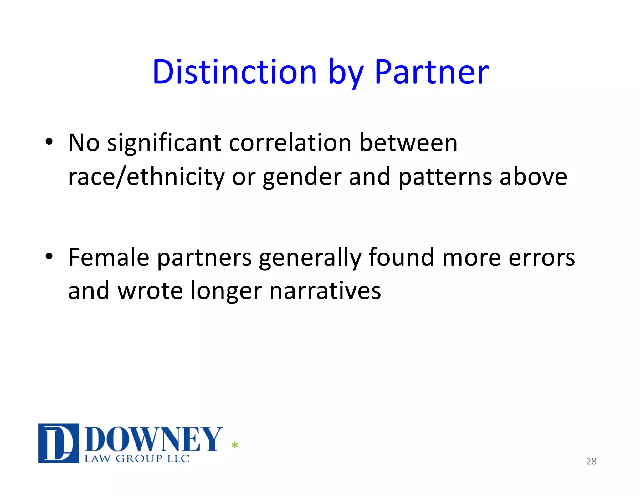 Distinction by Partner
• No significant correlation between
race/ethnicity or gender and patterns above
• Female partners generally found more errors
and wrote longer narratives
28
*
 