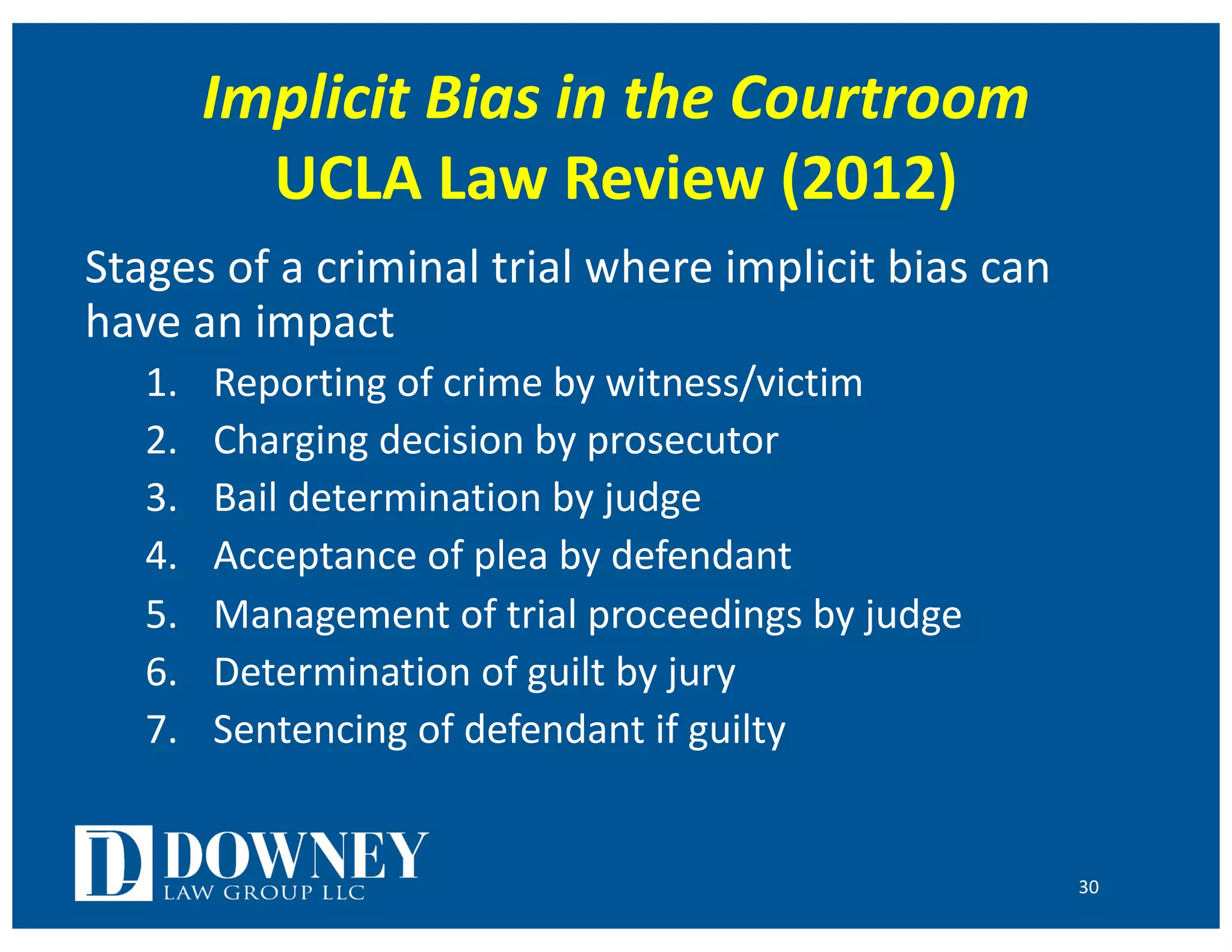 Implicit Bias in the Courtroom
UCLA Law Review (2012)
Stages of a criminal trial where implicit bias can
have an impact
1. Reporting of crime by witness/victim
2. Charging decision by prosecutor
3. Bail determination by judge
4. Acceptance of plea by defendant
5. Management of trial proceedings by judge
6. Determination of guilt by jury
7. Sentencing of defendant if guilty
30
 