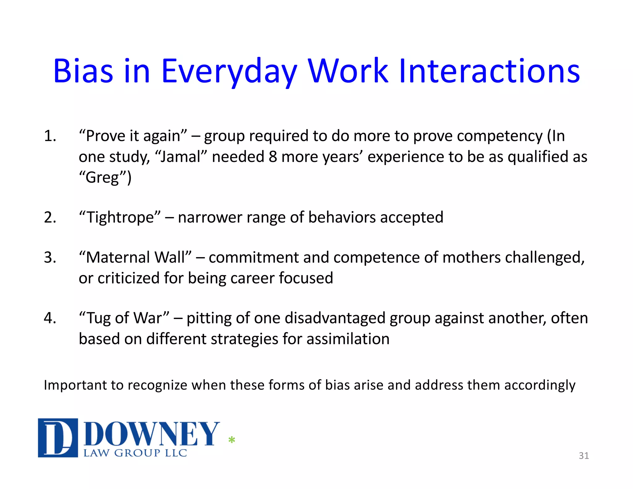 Bias in Everyday Work Interactions
1. “Prove it again” – group required to do more to prove competency (In
one study, “Jamal” needed 8 more years’ experience to be as qualified as
“Greg”)
2. “Tightrope” – narrower range of behaviors accepted
3. “Maternal Wall” – commitment and competence of mothers challenged,
or criticized for being career focused
4. “Tug of War” – pitting of one disadvantaged group against another, often
based on different strategies for assimilation
Important to recognize when these forms of bias arise and address them accordingly
31
*
 