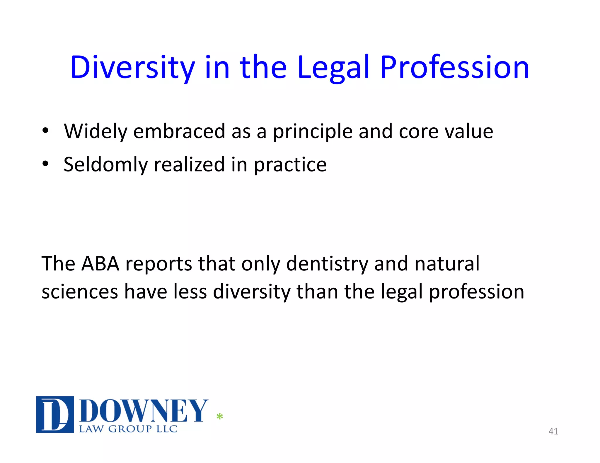 Diversity in the Legal Profession
• Widely embraced as a principle and core value
• Seldomly realized in practice
The ABA reports that only dentistry and natural
sciences have less diversity than the legal profession
41
*
 