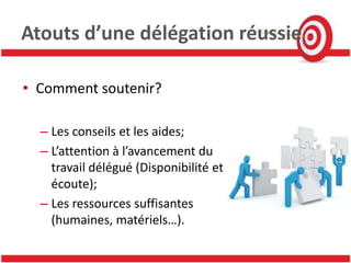 Atouts d’une délégation réussie

• Comment soutenir?

  – Les conseils et les aides;
  – L’attention à l’avancement du
    travail délégué (Disponibilité et
    écoute);
  – Les ressources suffisantes
    (humaines, matériels…).
 