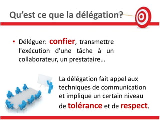 Qu’est ce que la délégation?

• Déléguer: confier, transmettre
  l'exécution d'une tâche à un
  collaborateur, un prestataire…

              La délégation fait appel aux
              techniques de communication
              et implique un certain niveau
              de tolérance et de respect.
 