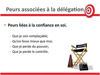 Peurs associées à la délégation

• Peurs liées à la confiance en soi.

  –   Que je sois remplaçable;
  –   Qu’on fasse mieux que moi;
  –   Que je perde du pouvoir;
  –   Que je perde le contrôle.
 