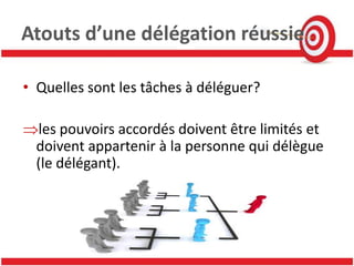 Atouts d’une délégation réussie

• Quelles sont les tâches à déléguer?

  les pouvoirs accordés doivent être limités et
  doivent appartenir à la personne qui délègue
  (le délégant).
 