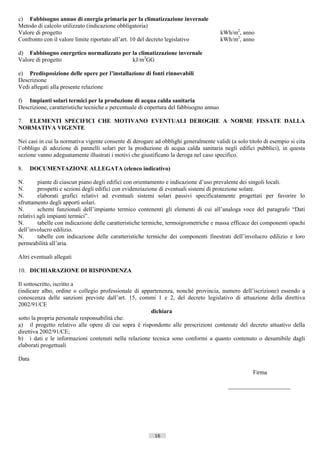 c) Fabbisogno annuo di energia primaria per la climatizzazione invernale
Metodo di calcolo utilizzato (indicazione obbligatoria)
Valore di progetto                                                                      kWh/m2, anno
Confronto con il valore limite riportato all’art. 10 del decreto legislativo            kWh/m2, anno

d) Fabbisogno energetico normalizzato per la climatizzazione invernale
Valore di progetto                        kJ/m3GG

e) Predisposizione delle opere per l’installazione di fonti rinnovabili
Descrizione
Vedi allegati alla presente relazione

f) Impianti solari termici per la produzione di acqua calda sanitaria
Descrizione, caratteristiche tecniche e percentuale di copertura del fabbisogno annuo

7. ELEMENTI SPECIFICI CHE MOTIVANO EVENTUALI DEROGHE A NORME FISSATE DALLA
NORMATIVA VIGENTE

Nei casi in cui la normativa vigente consente di derogare ad obblighi generalmente validi (a solo titolo di esempio si cita
l’obbligo di adozione di pannelli solari per la produzione di acqua calda sanitaria negli edifici pubblici), in questa
sezione vanno adeguatamente illustrati i motivi che giustificano la deroga nel caso specifico.

8.     DOCUMENTAZIONE ALLEGATA (elenco indicativo)

N.       piante di ciascun piano degli edifici con orientamento e indicazione d’uso prevalente dei singoli locali.
N.       prospetti e sezioni degli edifici con evidenziazione di eventuali sistemi di protezione solare.
N.       elaborati grafici relativi ad eventuali sistemi solari passivi specificatamente progettati per favorire lo
sfruttamento degli apporti solari.
N.       schemi funzionali dell’impianto termico contenenti gli elementi di cui all’analoga voce del paragrafo “Dati
relativi agli impianti termici”.
N.       tabelle con indicazione delle caratteristiche termiche, termoigrometriche e massa efficace dei componenti opachi
dell’involucro edilizio.
N.       tabelle con indicazione delle caratteristiche termiche dei componenti finestrati dell’involucro edilizio e loro
permeabilità all’aria.

Altri eventuali allegati

10. DICHIARAZIONE DI RISPONDENZA

Il sottoscritto, iscritto a
(indicare albo, ordine o collegio professionale di appartenenza, nonché provincia, numero dell’iscrizione) essendo a
conoscenza delle sanzioni previste dall’art. 15, commi 1 e 2, del decreto legislativo di attuazione della direttiva
2002/91/CE
                                                      dichiara
sotto la propria personale responsabilità che:
a) il progetto relativo alle opere di cui sopra è rispondente alle prescrizioni contenute del decreto attuativo della
direttiva 2002/91/CE;
b) i dati e le informazioni contenuti nella relazione tecnica sono conformi a quanto contenuto o desumibile dagli
elaborati progettuali

Data

                                                                                                      Firma

                                                                                          _____________________




                                                          16                        ((c) Datatronics Sistemi S.n.c. - Brescia
 