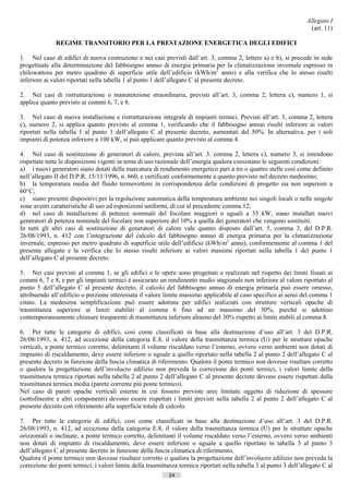 Allegato I
                                                                                                                        (art. 11)

              REGIME TRANSITORIO PER LA PRESTAZIONE ENERGETICA DEGLI EDIFICI

1. Nel caso di edifici di nuova costruzione e nei casi previsti dall’art. 3, comma 2, lettere a) e b), si procede in sede
progettuale alla determinazione del fabbisogno annuo di energia primaria per la climatizzazione invernale espresso in
chilowattora per metro quadrato di superficie utile dell’edificio (kWh/m2 anno) e alla verifica che lo stesso risulti
inferiore ai valori riportati nella tabella 1 al punto 1 dell’allegato C al presente decreto.

2. Nei casi di ristrutturazione o manutenzione straordinaria, previsti all’art. 3, comma 2, lettera c), numero 1, si
applica quanto previsto ai commi 6, 7, e 8.

3. Nel caso di nuova installazione e ristrutturazione integrale di impianti termici. Previsti all’art. 3, comma 2, lettera
c), numero 2, si applica quanto previsto al comma 1, verificando che il fabbisogno annuo risulti inferiore ai valori
riportati nella tabella 1 al punto 1 dell’allegato C al presente decreto, aumentati del 50%. In alternativa. per i soli
impianti di potenza inferiore a 100 kW, si può applicare quanto previsto al comma 4.

4. Nel caso di sostituzione di generatori di calore, prevista all’art. 3. comma 2, lettera c), numero 3, si intendono
rispettate tutte le disposizioni vigenti in tema di uso razionale dell’energia qualora coesistano le seguenti condizioni:
a) i nuovi generatori siano dotati della marcatura di rendimento energetico pari a tre o quattro stelle così come definito
nell’allegato II del D.P.R. 15/11/1996, n. 660, e certificati conformemente a quanto previsto nel decreto medesimo;
b) la temperatura media del fluido termovettore in corrispondenza delle condizioni di progetto sia non superiore a
60°C;
c) siano presenti dispositivi per la regolazione automatica della temperatura ambiente nei singoli locali o nelle singole
zone aventi caratteristiche di uso ed esposizioni uniformi, di cui al precedente comma 12;
d) nel caso di installazioni di potenze nominali del focolare maggiori o uguali a 35 kW, siano installati nuovi
generatori di potenza nominale del focolare non superiore del 10% a quella dei generatori che vengono sostituiti.
In tutti gli altri casi di sostituzione di generatori di calore vale quanto disposto dall’art. 5, comma 3, del D.P.R.
26/08/1993, n. 412 con l’integrazione del calcolo del fabbisogno annuo di energia primaria per la climatizzazione
invernale, espresso per metro quadrato di superficie utile dell’edificio (kWh/m2 anno), conformemente al comma 1 del
presente allegato e la verifica che lo stesso risulti inferiore ai valori massimi riportati nella tabella 1 del punto 1
dell’allegato C al presente decreto.

5. Nei casi previsti al comma 1, se gli edifici e le opere sono progettati e realizzati nel rispetto dei limiti fissati ai
commi 6, 7 e 8, e per gli impianti termici è assicurato un rendimento medio stagionale non inferiore al valore riportato al
punto 5 dell’allegato C al presente decreto, il calcolo del fabbisogno annuo di energia primaria può essere omesso,
attribuendo all’edificio o porzione interessata il valore limite massimo applicabile al caso specifico ai sensi del comma 1
citato. La medesima semplificazione può essere adottata per edifici realizzati con strutture verticali opache di
trasmittanza superiore ai limiti stabiliti al comma 6 fino ad un massimo del 30%, purché si adottino
contemporaneamente chiusure trasparenti di trasmittanza inferiore almeno del 30% rispetto ai limiti stabili al comma 8.

6. Per tutte le categorie di edifici, così come classificati in base alla destinazione d’uso all’art. 3 del D.P.R.
26/08/1993, n. 412, ad eccezione della categoria E.8, il valore della trasmittanza termica (U) per le strutture opache
verticali, a ponte termico corretto, delimitanti il volume riscaldato verso l’esterno, ovvero verso ambienti non dotati di
impianto di riscaldamento, deve essere inferiore o uguale a quello riportato nella tabella 2 al punto 2 dell’allegato C al
presente decreto in funzione della fascia climatica di riferimento. Qualora il ponte termico non dovesse risultare corretto
o qualora la progettazione dell’involucro edilizio non preveda la correzione dei ponti termici, i valori limite della
trasmittanza termica riportati nella tabella 2 al punto 2 dell’allegato C al presente decreto devono essere rispettati dalla
trasmittanza termica media (parete corrente più ponte termico).
Nel caso di pareti opache verticali esterne in cui fossero previste aree limitate oggetto di riduzione di spessore
(sottofinestre e altri componenti) devono essere rispettati i limiti previsti nella tabella 2 al punto 2 dell’allegato C al
presente decreto con riferimento alla superficie totale di calcolo.

7. Per tutte le categorie di edifici, così come classificati in base alla destinazione d’uso all’art. 3 del D.P.R.
26/08/1993, n. 412, ad eccezione della categoria E.8, il valore della trasmittanza termica (U) per le strutture opache
orizzontali o inclinate, a ponte termico corretto, delimitanti il volume riscaldato verso l’esterno, ovvero verso ambienti
non dotati di impianto di riscaldamento, deve essere inferiore o uguale a quello riportato in tabella 3 al punto 3
dell’allegato C al presente decreto in funzione della fascia climatica di riferimento.
Qualora il ponte termico non dovesse risultare corretto o qualora la progettazione dell’involucro edilizio non preveda la
correzione dei ponti termici, i valori limite della trasmittanza termica riportati nella tabella 3 al punto 3 dell’allegato C al
                                                            24                         ((c) Datatronics Sistemi S.n.c. - Brescia
 