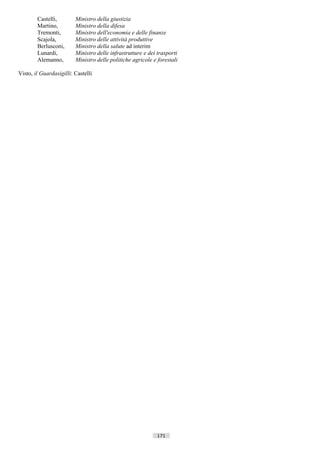 Castelli,        Ministro della giustizia
        Martino,         Ministro della difesa
        Tremonti,        Ministro dell'economia e delle finanze
        Scajola,         Ministro delle attività produttive
        Berlusconi,      Ministro della salute ad interim
        Lunardi,         Ministro delle infrastrutture e dei trasporti
        Alemanno,        Ministro delle politiche agricole e forestali

Visto, il Guardasigilli: Castelli




                                                             171         ((c) Datatronics Sistemi S.n.c. - Brescia
 