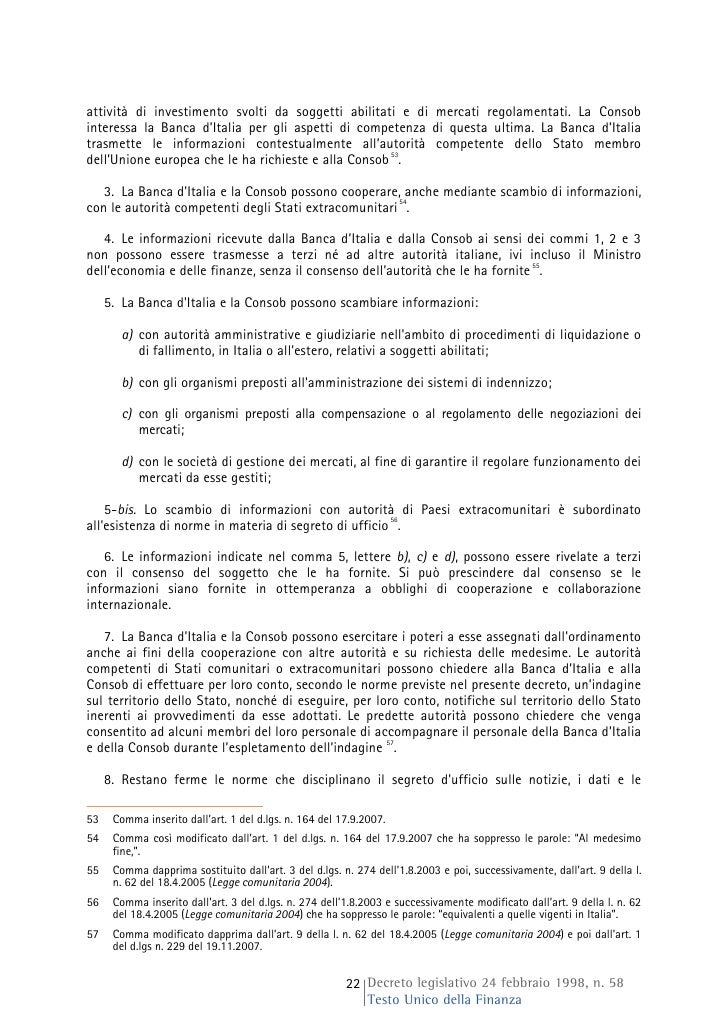 Dlgs 58/1998 Testo Unico della Finanza Dlgs 58/1998 Testo Unico della Finanza