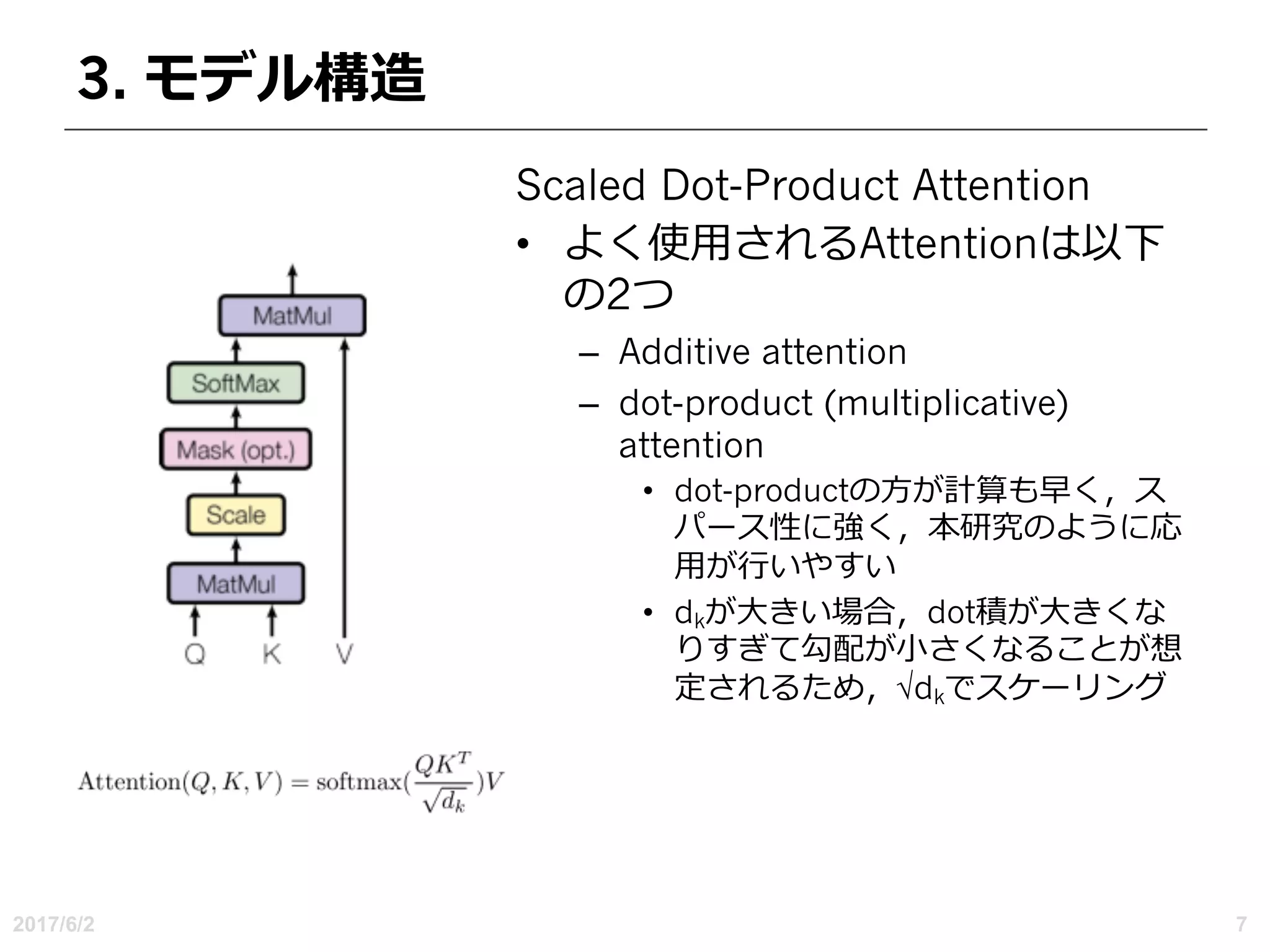 3. モデル構造
Scaled Dot-Product Attention
• よく使⽤されるAttentionは以下
の2つ
– Additive attention
– dot-product (multiplicative)
attention
• dot-productの⽅が計算も早く，ス
パース性に強く，本研究のように応
⽤が⾏いやすい
• dkが⼤きい場合，dot積が⼤きくな
りすぎて勾配が⼩さくなることが想
定されるため，√dkでスケーリング
2017/6/2 7
 
