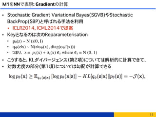 M1をNNで表現: Gradientの計算
• Stochastic Gradient Variational Bayes(SGVB)やStochastic
BackProp(SBP)と呼ばれる手法を利用
• ICLR2014, ICML2014で提案
• Keyとなるのは次のReparameterisation
• pθ(z) ~ N (z|0, I)
• qΦ(z|x) ~ N(z|uΦ(x), diag(σΦ
2(x)))
• つまり、z = µz(x) + σz(x) ϵz where ϵz = N (0, 1)
• こうすると、KLダイバージェンス（第2項）については解析的に計算できて、
• 対数尤度の部分(第1項）については勾配が計算できる
11
 