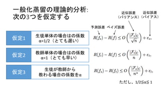 一般化蒸留の理論的分析:
次の3つを仮定する
仮定1 生徒単体の場合はの係数
α=1/2（とても遅い）
仮定2 教師単体の場合はの係数
α=1（とても早い）
仮定3
生徒が教師から
教わる場合の係数をα
ベイズ誤差予測誤差
近似誤差
（バイアス）
近似誤差
（バリアンス）
ただし、1/2≦α≦ 1
 