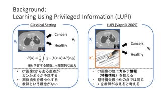 Background:
Learning Using Privileged Information (LUPI)
Classical Setting
Cancers
Healthy
• CT画像Xからある患者が
ガンかどうか予想する
• 期待損失を最小化する
• 教師という概念がない
LUPI [Vapnik 2009]
Cancers
Healthy
• CT画像の他にカルテ情報
（特権情報）を教える
• 期待損失最小化の点では同じ
• X*を教師が与えると考える
Xi
Xi
X*
i
yi
yi
※f: 学習する関数、y:理想的な出力
 