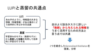 LUPIと蒸留の共通点
LUPI
カルテのように、情報量の大きな
情報（特権情報）がある場合にど
う効率的に学ぶかの方法論
蒸留
学習済みのモデル（教師モデル）
から蒸留した知識を利用して効率
的に学習を行う手法
自分より該当タスクに詳しい
「教師」から与えられる情報を
うまく活用するための方法と
言う点では共通
2つを統合したGeneralized Distillationを
提案、分析
 