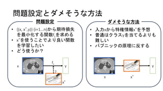 問題設定とダメそうな方法
問題設定
• {(x, x*,y)} (i=1…n)から期待損失
を最小化する関数fsを求める
• x*を使うことでより良い関数
を学習したい
• どう使うか？
y
fs
?
x
x*
ダメそうな方法
• 入力xから特権情報x*を予想
• 普通はクラスyを当てるよりも
難しい
• バプニックの原理に反する
y
x x*
 