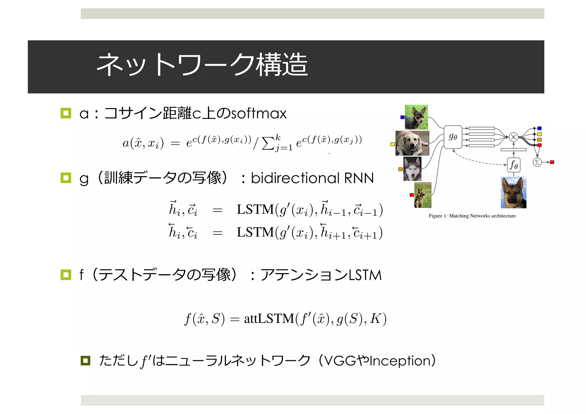 ¤ a c softmax
¤ g bidirectional RNN
¤ f LSTM
¤ VGG Inception
Figure 1: Matching Networks architecture
train it by showing only a few examples per class, switching the task from minibatch to minibatch,
much like how it will be tested when presented with a few examples of a new task.
Besides our contributions in deﬁning a model and training criterion amenable for one-shot learning,
we contribute by the deﬁnition of tasks that can be used to benchmark other approaches on both
ImageNet and small scale language modeling. We hope that our results will encourage others to work
on this challenging problem.
We organized the paper by ﬁrst deﬁning and explaining our model whilst linking its several compo-
nents to related work. Then in the following section we brieﬂy elaborate on some of the related work
to the task and our model. In Section 4 we describe both our general setup and the experiments we
performed, demonstrating strong results on one-shot learning on a variety of tasks and setups.
2 Model
Our non-parametric approach to solving one-shot learning is based on two components which we
describe in the following subsections. First, our model architecture follows recent advances in neural
networks augmented with memory (as discussed in Section 3). Given a (small) support set S, our
model deﬁnes a function cS (or classiﬁer) for each S, i.e. a mapping S ! cS(.). Second, we employ
a training strategy which is tailored for one-shot learning from the support set S.
2.1 Model Architecture
In recent years, many groups have investigated ways to augment neural network architectures with
external memories and other components that make them more “computer-like”. We draw inspiration
from models such as sequence to sequence (seq2seq) with attention [2], memory networks [29] and
pointer networks [27].
In all these models, a neural attention mechanism, often fully differentiable, is deﬁned to access (or
read) a memory matrix which stores useful information to solve the task at hand. Typical uses of
this include machine translation, speech recognition, or question answering. More generally, these
architectures model P(B|A) where A and/or B can be a sequence (like in seq2seq models), or, more
interestingly for us, a set [26].
Our contribution is to cast the problem of one-shot learning within the set-to-set framework [26].
Appendix
A Model Description
In this section we fully specify the models which condition the embedding functions f and g on the
whole support set S. Much previous work has fully described similar mechanisms, which is why we
left the precise details for this appendix.
A.1 The Fully Conditional Embedding f
As described in section 2.1.2, the embedding function for an example ˆx in the batch B is as follows:
f(ˆx, S) = attLSTM(f0
(ˆx), g(S), K)
where f0
is a neural network (e.g., VGG or Inception, as described in the main text). We deﬁne K
to be the number of “processing” steps following work from [26] from their “Process” block. g(S)
represents the embedding function g applied to each element xi from the set S.
Thus, the state after k processing steps is as follows:
Appendix
A Model Description
In this section we fully specify the models which condition the embedding function
whole support set S. Much previous work has fully described similar mechanisms,
left the precise details for this appendix.
A.1 The Fully Conditional Embedding f
As described in section 2.1.2, the embedding function for an example ˆx in the batch
f(ˆx, S) = attLSTM(f0
(ˆx), g(S), K)
where f0
is a neural network (e.g., VGG or Inception, as described in the main tex
to be the number of “processing” steps following work from [26] from their “Proc
represents the embedding function g applied to each element xi from the set S.
where, given an input, we “point” to the corresponding example in the support set, retrievin
However, unlike other attentional memory mechanisms [2], (1) is non-parametric in natu
support set size grows, so does the memory used. Hence the functional form deﬁned by th
cS(ˆx) is very ﬂexible and can adapt easily to any new support set.
2.1.1 The Attention Kernel
Equation 1 relies on choosing a(., .), the attention mechanism, which fully speciﬁes
ﬁer. The simplest form that this takes (and which has very tight relationships with
attention models and kernel functions) is to use the softmax over the cosine distan
a(ˆx, xi) = ec(f(ˆx),g(xi))
/
Pk
j=1 ec(f(ˆx),g(xj ))
with embedding functions f and g being
ate neural networks (potentially with f = g) to embed ˆx and xi. In our experiments we
examples where f and g are parameterised variously as deep convolutional networks
tasks (as in VGG[22] or Inception[24]) or a simple form word embedding for language
Section 4).
We note that, though related to metric learning, the classiﬁer deﬁned by Equation 1 is disc
For a given support set S and sample to classify ˆx, it is enough for ˆx to be sufﬁciently ali
pairs (x0
, y0
) 2 S such that y0
= y and misaligned with the rest. This kind of loss is also
methods such as Neighborhood Component Analysis (NCA) [18], triplet loss [9] or lar
nearest neighbor [28].
However, the objective that we are trying to optimize is precisely aligned with multi-way
classiﬁcation, and thus we expect it to perform better than its counterparts. Additionally,
simple and differentiable so that one can ﬁnd the optimal parameters in an “end-to-end” f
2.1.2 Full Context Embeddings
The main novelty of our model lies in reinterpreting a well studied framework (neural netw
external memories) to do one-shot learning. Closely related to metric learning, the embed
tions f and g act as a lift to feature space X to achieve maximum accuracy through the cla
noting that LSTM(x, h, c) follows the same LSTM implementation deﬁned in [23] with x the input,
h the output (i.e., cell after the output gate), and c the cell. a is commonly referred to as “content”
based attention, and the softmax in eq. 6 normalizes w.r.t. g(xi). The read-out rk 1 from g(S) is
concatenated to hk 1. Since we do K steps of “reads”, attLSTM(f0
(ˆx), g(S), K) = hK where hk
is as described in eq. 3.
A.2 The Fully Conditional Embedding g
In section 2.1.2 we described the encoding function for the elements in the support set S, g(xi, S),
as a bidirectional LSTM. More precisely, let g0
(xi) be a neural network (similar to f0
above, e.g. a
VGG or Inception model). Then we deﬁne g(xi, S) = ~hi + ~hi + g0
(xi) with:
~hi,~ci = LSTM(g0
(xi),~hi 1,~ci 1)
~hi, ~ci = LSTM(g0
(xi), ~hi+1, ~ci+1)
where, as in above, LSTM(x, h, c) follows the same LSTM implementation deﬁned in [23] with x
the input, h the output (i.e., cell after the output gate), and c the cell. Note that the recursion for ~h
starts from i = |S|. As in eq. 3, we add a skip connection between input and outputs.
B ImageNet Class Splits
Here we deﬁne the two class splits used in our full ImageNet experiments – these classes were
excluded for training during our one-shot experiments described in section 4.1.2.
 