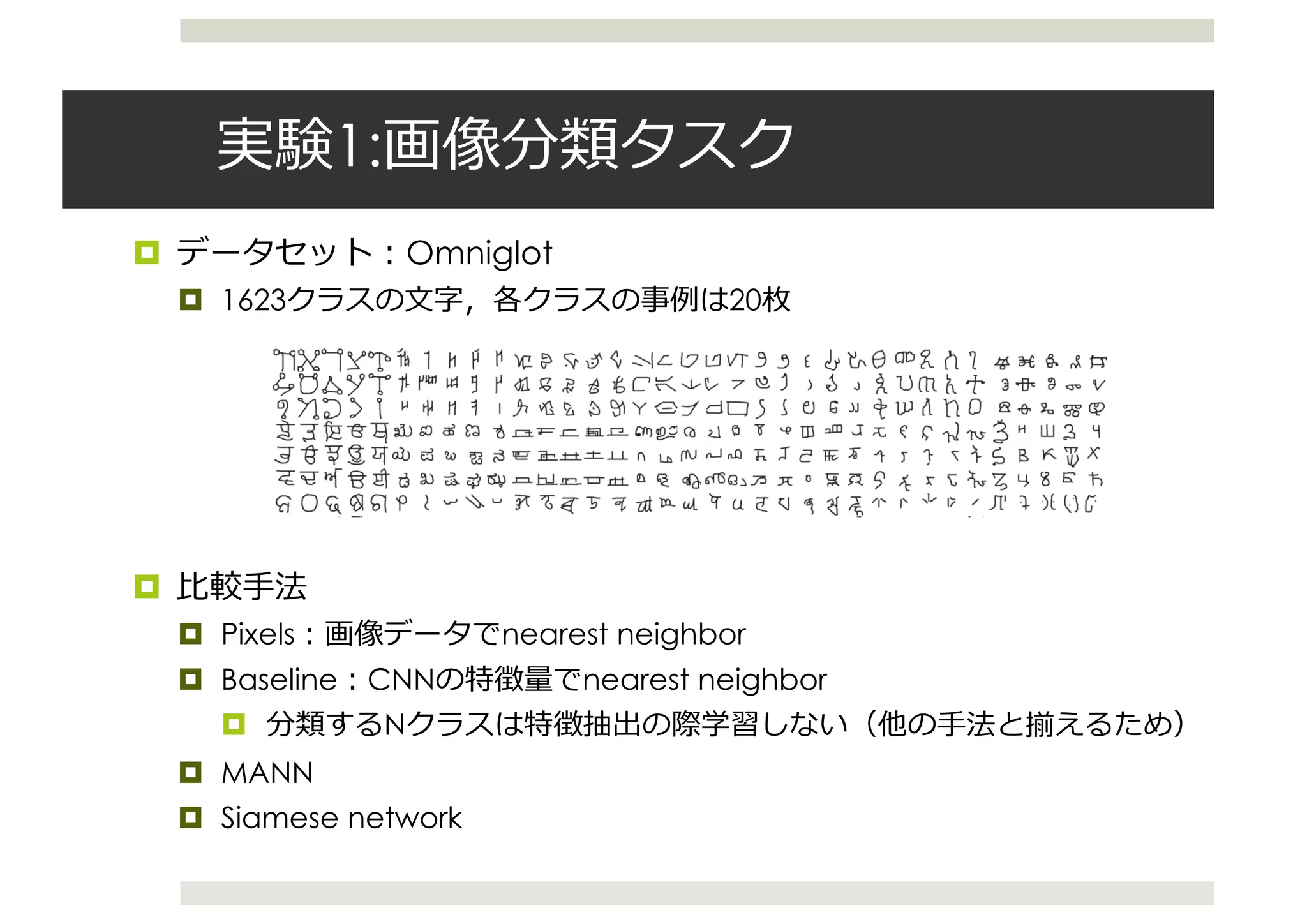 1:
¤ Omniglot
¤ 1623 20
¤
¤ Pixels nearest neighbor
¤ Baseline CNN nearest neighbor
¤ N
¤ MANN
¤ Siamese network
 