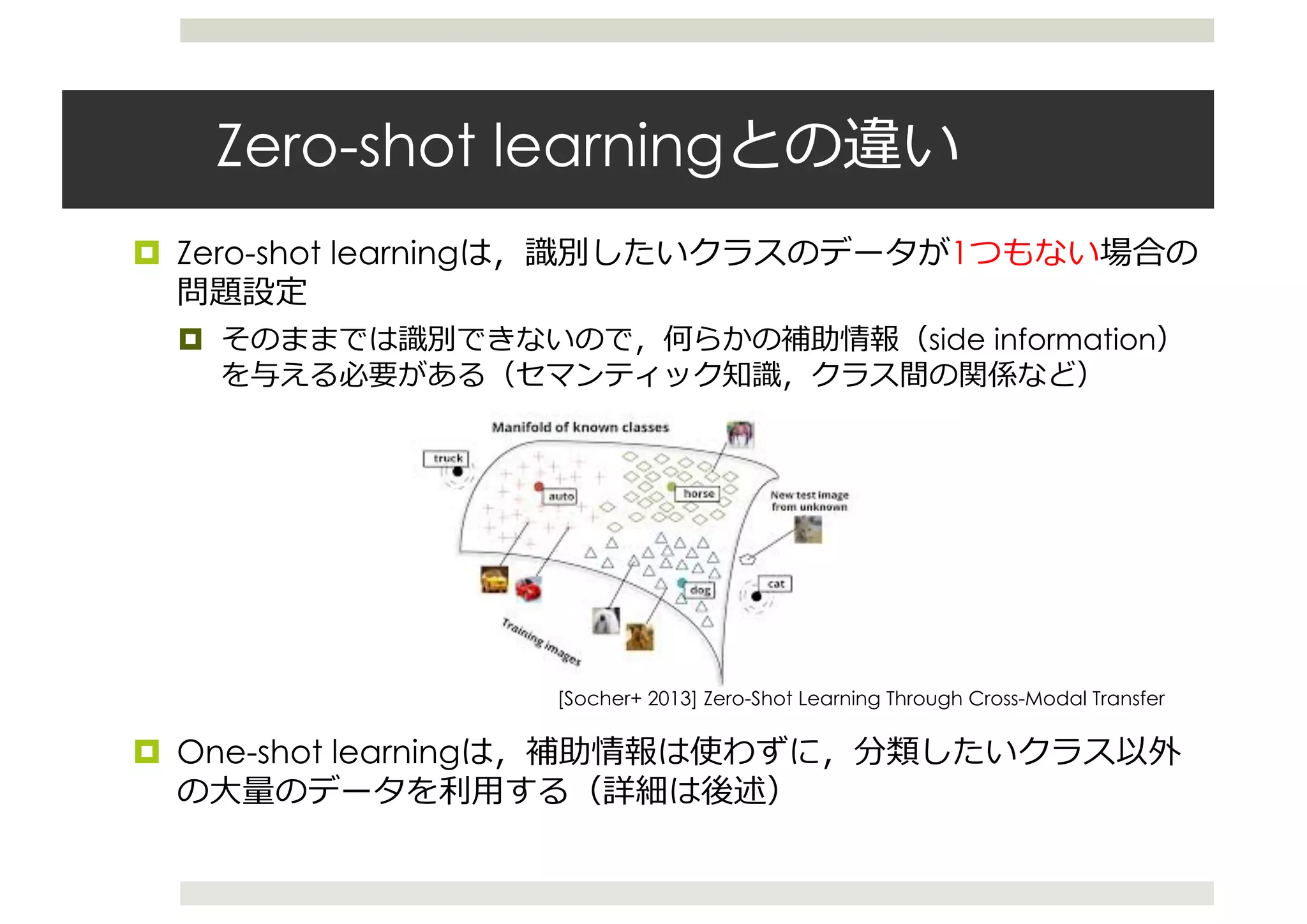Zero-shot learning
¤ Zero-shot learning 1
¤ side information
¤ One-shot learning
[Socher+ 2013] Zero-Shot Learning Through Cross-Modal Transfer
 