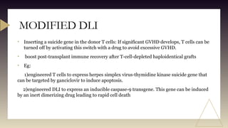 • Inserting a suicide gene in the donor T cells: If significant GVHD develops, T cells can be
turned off by activating this switch with a drug to avoid excessive GVHD.
• boost post-transplant immune recovery after T-cell-depleted haploidentical grafts
• Eg:
1)engineered T cells to express herpes simplex virus-thymidine kinase suicide gene that
can be targeted by ganciclovir to induce apoptosis.
2)engineered DLI to express an inducible caspase-9 transgene. This gene can be induced
by an inert dimerizing drug leading to rapid cell death
MODIFIED DLI
 