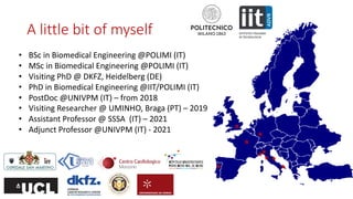 • BSc in Biomedical Engineering @POLIMI (IT)
• MSc in Biomedical Engineering @POLIMI (IT)
• Visiting PhD @ DKFZ, Heidelberg (DE)
• PhD in Biomedical Engineering @IIT/POLIMI (IT)
• PostDoc @UNIVPM (IT) – from 2018
• Visiting Researcher @ UMINHO, Braga (PT) – 2019
• Assistant Professor @ SSSA (IT) – 2021
• Adjunct Professor @UNIVPM (IT) - 2021
A little bit of myself
 