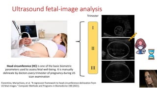 Head circumference (HC) is one of the basic biometric
parameters used to assess fetal well-being. It is manually
delineate by doctors every trimester of pregnancy during US
scan examination
Ι
ΙΙ
ΙΙΙ
Trimester
Ultrasound fetal-image analysis
Fiorentino, Mariachiara, et al. “A regression framework to head-circumference delineation from
US fetal images." Computer Methods and Programs in Biomedicine 198 (2021).
 