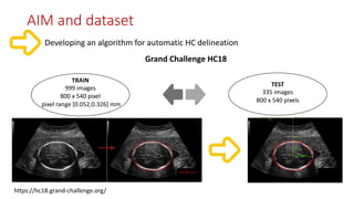 Developing an algorithm for automatic HC delineation
Grand Challenge HC18
TRAIN
999 images
800 x 540 pixel
pixel range [0.052,0.326] mm
TEST
335 images
800 x 540 pixels
https://hc18.grand-challenge.org/
AIM and dataset
 