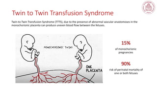 Twin to Twin Transfusion Syndrome
Twin-to-Twin Transfusion Syndrome (TTTS), due to the presence of abnormal vascular anastomoses in the
monochorionic placenta can produce uneven blood flow between the fetuses.
of monochorionic
pregnancies
15%
risk of perinatal mortality of
one or both fetuses
90%
 