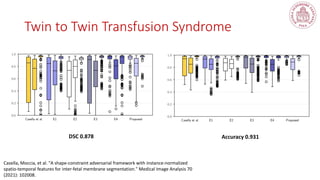 Twin to Twin Transfusion Syndrome
DSC 0.878 Accuracy 0.931
Casella, Moccia, et al. "A shape-constraint adversarial framework with instance-normalized
spatio-temporal features for inter-fetal membrane segmentation." Medical Image Analysis 70
(2021): 102008.
 