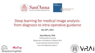 Deep learning for medical image analysis:
from diagnosis to intra-operative guidance
Oct 29th, 2021
Sara Moccia, PhD
The Biorobotics Institute
Department of Excellence in Robotics & AI
Scuola Superiore Sant’Anna (Pisa)
sara.moccia@santannapisa.it
 
