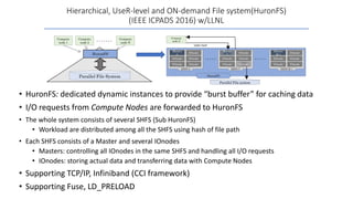 Hierarchical, UseR-level and ON-demand File system(HuronFS)
(IEEE ICPADS 2016) w/LLNL
• HuronFS: dedicated dynamic instances to provide “burst buffer” for caching data
• I/O requests from Compute Nodes are forwarded to HuronFS
• The whole system consists of several SHFS (Sub HuronFS)
• Workload are distributed among all the SHFS using hash of file path
• Each SHFS consists of a Master and several IOnodes
• Masters: controlling all IOnodes in the same SHFS and handling all I/O requests
• IOnodes: storing actual data and transferring data with Compute Nodes
• Supporting TCP/IP, Infiniband (CCI framework)
• Supporting Fuse, LD_PRELOAD
Parallel File System
Compute
node 1
Compute
node 2
Compute
node N
HuronFS
Master
0
IOnode
IOnode IOnode
IOnode IOnode
Parallel File system
SHFS 0
IOnode
IOnode IOnode
SHFS Y
HuronFS
Master
M-1
IOnode
IOnode IOnode
IOnode IOnode
SHFS M-1
Compute
node X
Master
Y
IOnode
IOnode
static hash
 