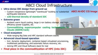 ABCI Cloud Infrastructure
• Ultra-dense IDC design from ground-up
– Custom inexpensive lightweight “warehouse” building w/ substantial
earthquake tolerance
– x20 thermal density of standard IDC
• Extreme green
– Ambient warm liquid cooling, large Li-ion battery storage, and high-
efficiency power supplies, etc.
– Commoditizing supercomputer cooling technologies to
Clouds (60KW/rack)
• Cloud ecosystem
– Wide-ranging Big Data and HPC standard software stacks
• Advanced cloud-based operation
– Incl. dynamic deployment, container-based virtualized provisioning,
multitenant partitioning, and automatic failure recovery, etc.
– Joining HPC and Cloud Software stack for real
• Final piece in the commoditization of HPC (into IDC)
63
ABCI AI-IDC CG Image
引用元: NEC導入事例
Reference Image
 