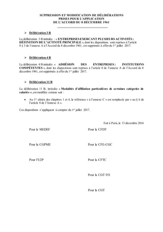 SUPPRESSION ET MODIFICATION DE DÉLIBÉRATIONS
PRISES POUR L'APPLICATION
DE L’ACCORD DU 8 DÉCEMBRE 1961
 Délibération 3 B
L...