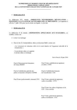 SUPPRESSION ET MODIFICATION DE DÉLIBÉRATIONS
PRISES POUR L'APPLICATION
DE LA CONVENTION COLLECTIVE NATIONALE DU 14 MARS 19...