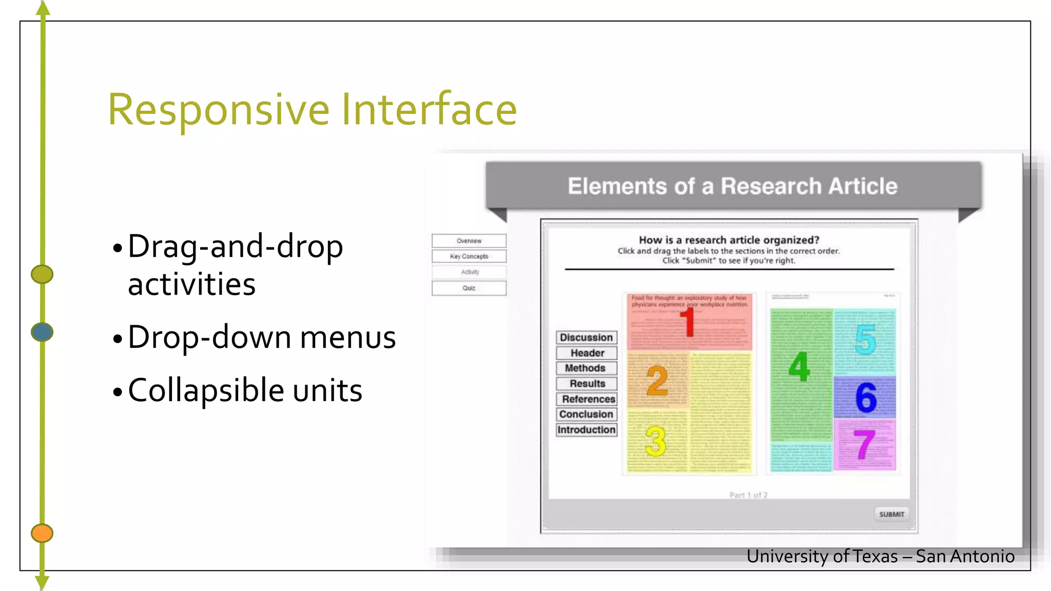 Responsive Interface
•Drag-and-drop
activities
•Drop-down menus
•Collapsible units
University ofTexas – San Antonio
 