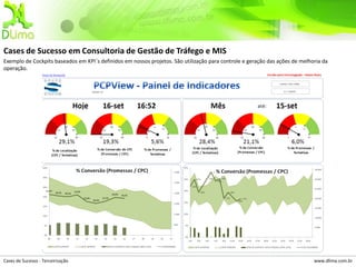 Cases de Sucesso em Consultoria de Gestão de Tráfego e MIS
Exemplo de Cockpits baseados em KPI´s definidos em nossos projetos. São utilização para controle e geração das ações de melhoria da
operação.




Cases de Sucesso - Terceirização                                                                                             www.dlima.com.br
 