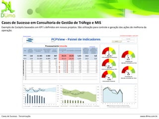 Cases de Sucesso em Consultoria de Gestão de Tráfego e MIS
Exemplo de Cockpits baseados em KPI´s definidos em nossos projetos. São utilização para controle e geração das ações de melhoria da
operação.




Cases de Sucesso - Terceirização                                                                                             www.dlima.com.br
 