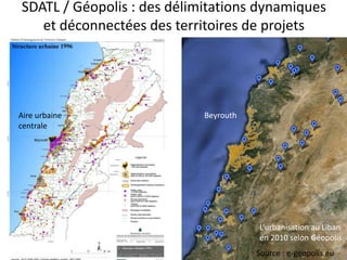 SDATL / Géopolis : des délimitations dynamiques
   et déconnectées des territoires de projets




Aire urbaine                Beyrouth
centrale




                                       L’urbanisation au Liban
                                       en 2010 selon Géopolis
                                       Source : e-geopolis.eu
 