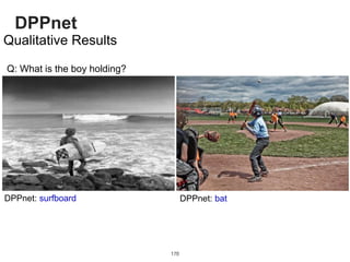 DPPnet
170
Qualitative Results
Q: What is the boy holding?
DPPnet: surfboard DPPnet: bat
 
