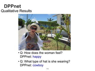 DPPnet
172
Qualitative Results
Q: How does the woman feel?
DPPnet: happy
Q: What type of hat is she wearing?
DPPnet: cowboy
 