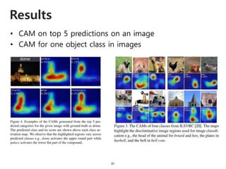 Results
81
• CAM on top 5 predictions on an image
• CAM for one object class in images
 
