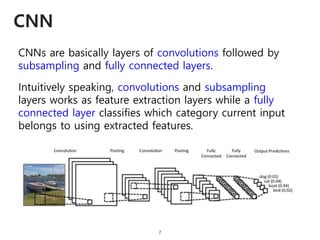CNN
7
CNNs are basically layers of convolutions followed by
subsampling and fully connected layers.
Intuitively speaking, ...