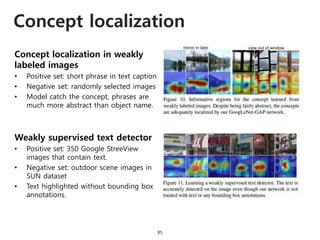 Concept localization
85
Concept localization in weakly
labeled images
• Positive set: short phrase in text caption
• Negat...