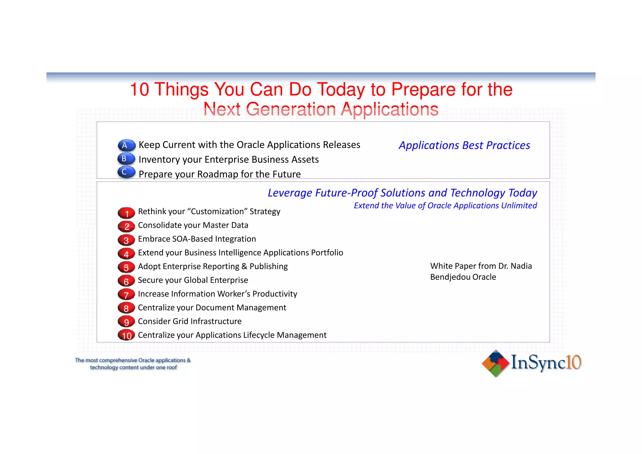 10 Things You Can Do Today to Prepare for the
            Next Generation Applications
A    Keep Current with the Oracle Applications Releases                  Applications Best Practices
B    Inventory your Enterprise Business Assets
C    Prepare your Roadmap for the Future
                                      Leverage Future-Proof Solutions and Technology Today
                                                             Extend the Value of Oracle Applications Unlimited
1 Rethink your “Customization” Strategy
2 Consolidate your Master Data
3 Embrace SOA-Based Integration
4 Extend your Business Intelligence Applications Portfolio
5 Adopt Enterprise Reporting & Publishing                                        White Paper from Dr. Nadia
                                                                                 Bendjedou Oracle
6 Secure your Global Enterprise
7  Increase Information Worker’s Productivity
8  Centralize your Document Management
9 Consider Grid Infrastructure
10 Centralize your Applications Lifecycle Management
 