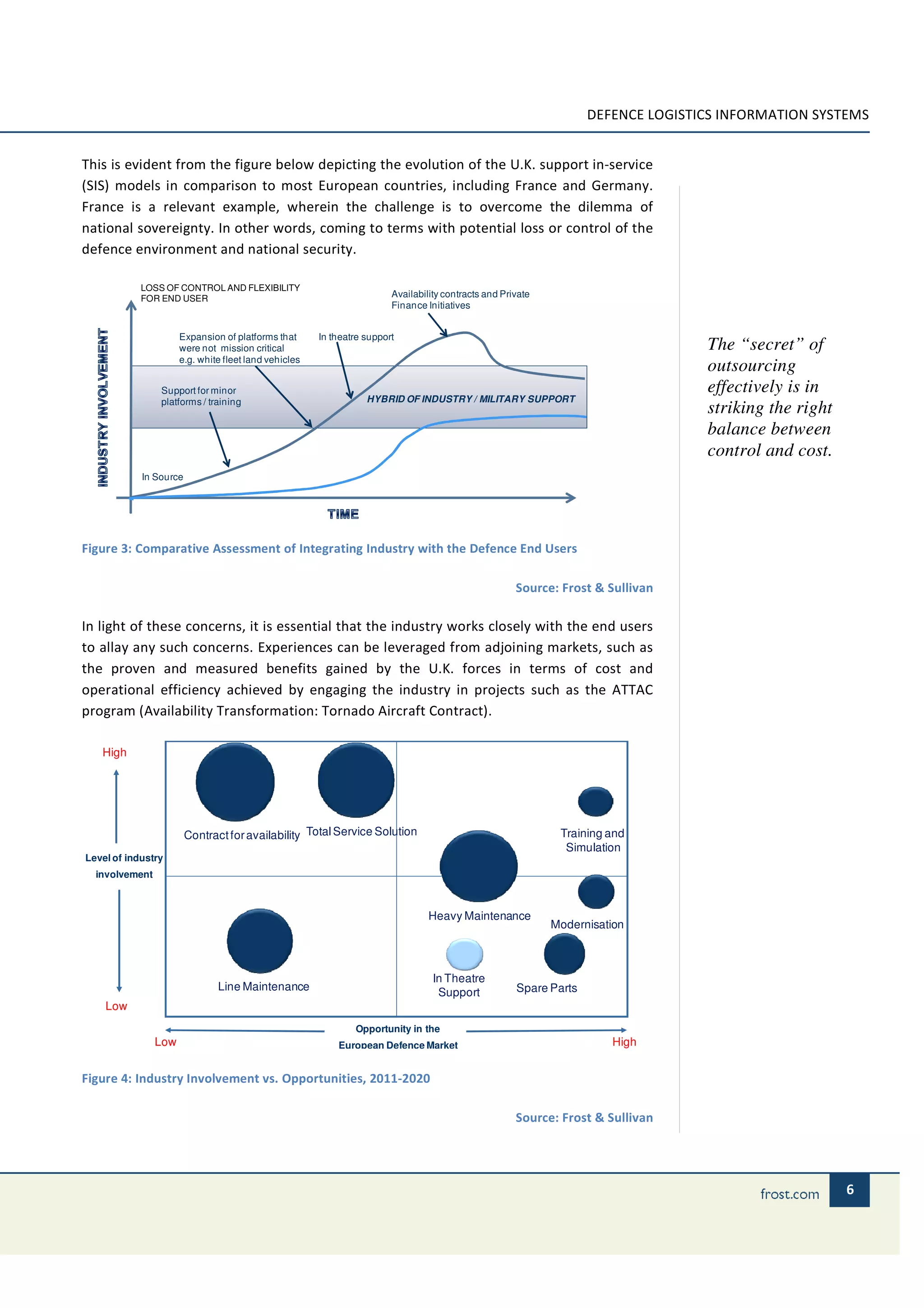 DEFENCE LOGISTICS INFORMATION SYSTEMS


This is evident from the figure below depicting the evolution of the U.K. support in-service
(SIS) models in comparison to most European countries, including France and Germany.
France is a relevant example, wherein the challenge is to overcome the dilemma of
national sovereignty. In other words, coming to terms with potential loss or control of the
defence environment and national security.

            LOSS OF CONTROL AND FLEXIBILITY
            FOR END USER                                                Availability contracts and Private
                                                                        Finance Initiatives


                      Expansion of platforms that      In theatre support
                      were not mission critical                                                                                    The “secret” of
                      e.g. white fleet land vehicles
                                                                                                                                   outsourcing
                Support for minor                                                                                                  effectively is in
                platforms / training                              HYBRID OF INDUSTRY / MILITARY SUPPORT
                                                                                                                                   striking the right
                                                                                                                                   balance between
                                                                                                                                   control and cost.
            In Source




Figure 3: Comparative Assessment of Integrating Industry with the Defence End Users

                                                                                                      Source: Frost & Sullivan

In light of these concerns, it is essential that the industry works closely with the end users
to allay any such concerns. Experiences can be leveraged from adjoining markets, such as
the proven and measured benefits gained by the U.K. forces in terms of cost and
operational efficiency achieved by engaging the industry in projects such as the ATTAC
program (Availability Transformation: Tornado Aircraft Contract).

   High




                        Contract for availability Total Service Solution                                      Training and
                                                                                                               Simulation
Level of industry
  involvement



                                                                                 Heavy Maintenance
                                                                                                             Modernisation



                                                                                  In Theatre
                               Line Maintenance                                    Support            Spare Parts
    Low
                                                               Opportunity in the
                Low                                        European Defence Market                                     High


Figure 4: Industry Involvement vs. Opportunities, 2011-2020

                                                                                                      Source: Frost & Sullivan




                                                                                                                                                        6
 
